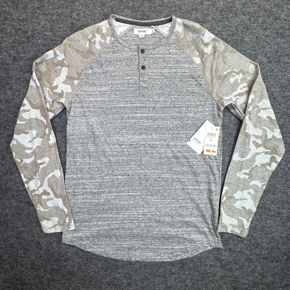 New Univibe Henley Shirt Mens Small Grey Camo Raglan Sleeve Long Sleeve NWT